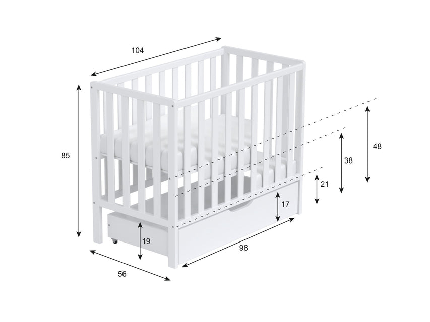 Paris | Space Saver Cot 100x50cm with drawer & Aloe Vera Quilted mattress